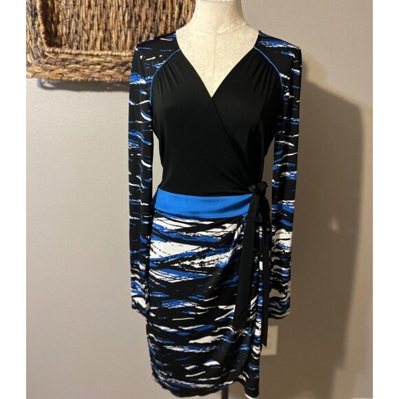 BCBGMaxAzria Dress Blue Black White Dress M Medium Long Sleeve Stretch Wrap - Picture 8 of 10
